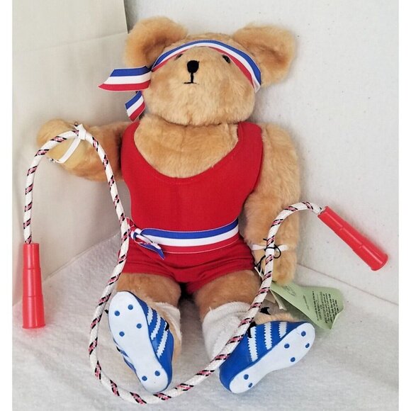 Athlete bear jump rope‎ 16" Plush Dolly Aumiller Jane 1985 honey hill red white - Picture 4 of 12